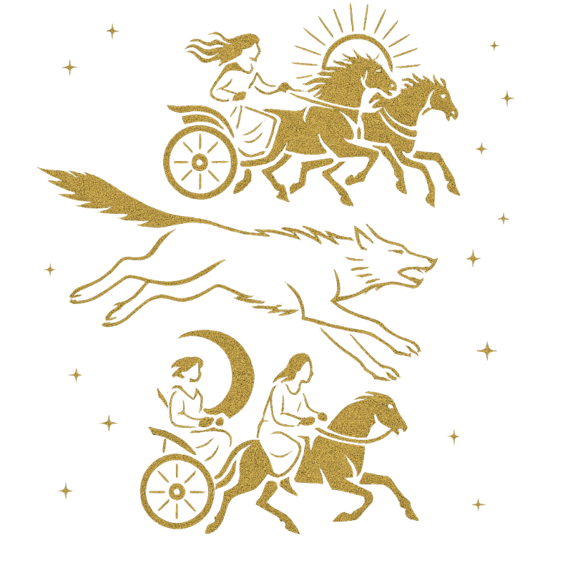 The wolves Sköll and Hati chase Sol and Mani across the sky.