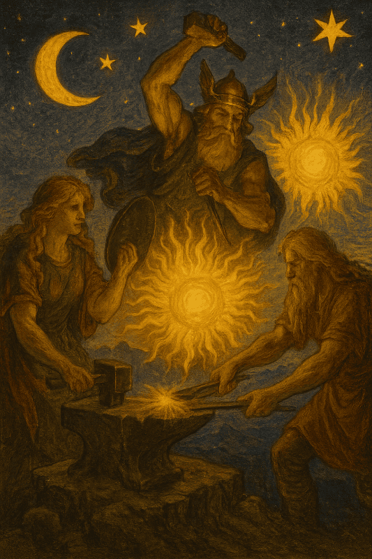 The Norse gods forge light in the heavens, creating the sun and moon.