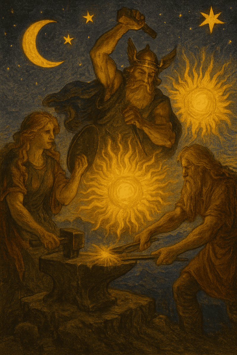 The Norse gods forge light in the heavens, creating the sun and moon.