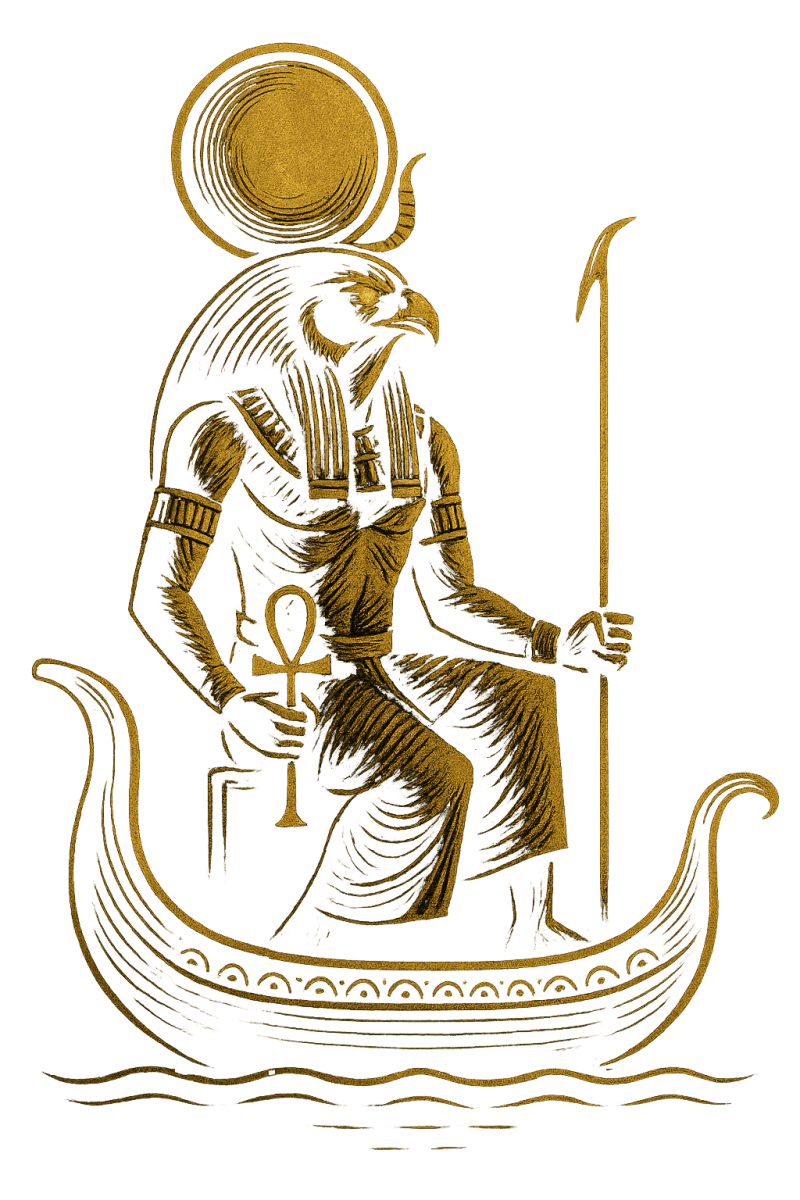 Ra upon his solar barque, eyes burning with divine fury