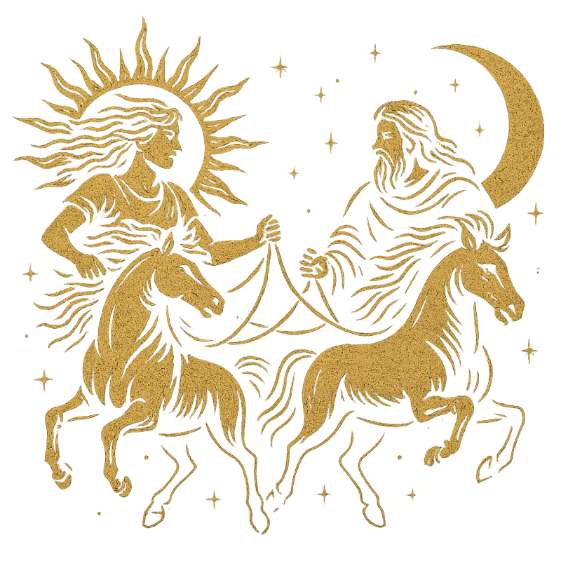Sol and Mani ride chariots of sun and moon across the Norse heavens.