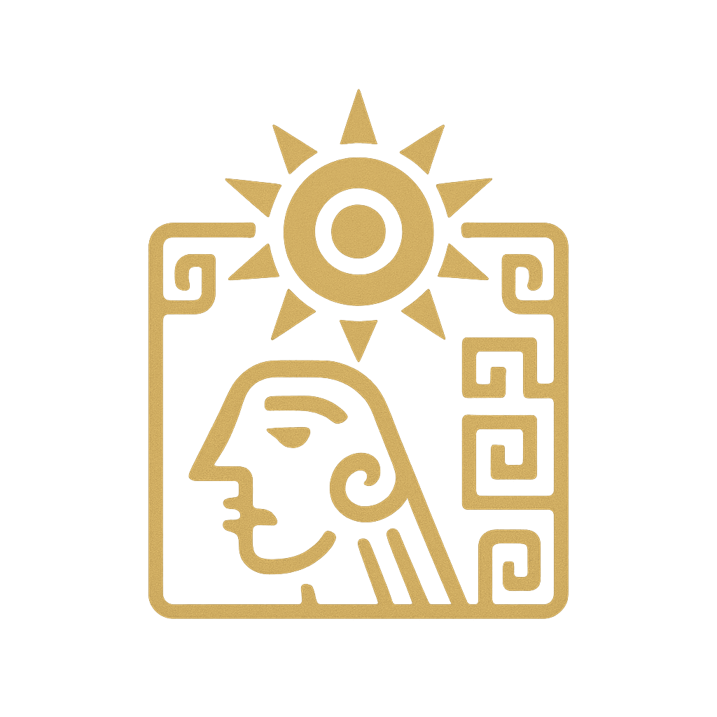 Golden stylized Aztec sun glyph with sharp geometric lines, glowing on a dark textured background.