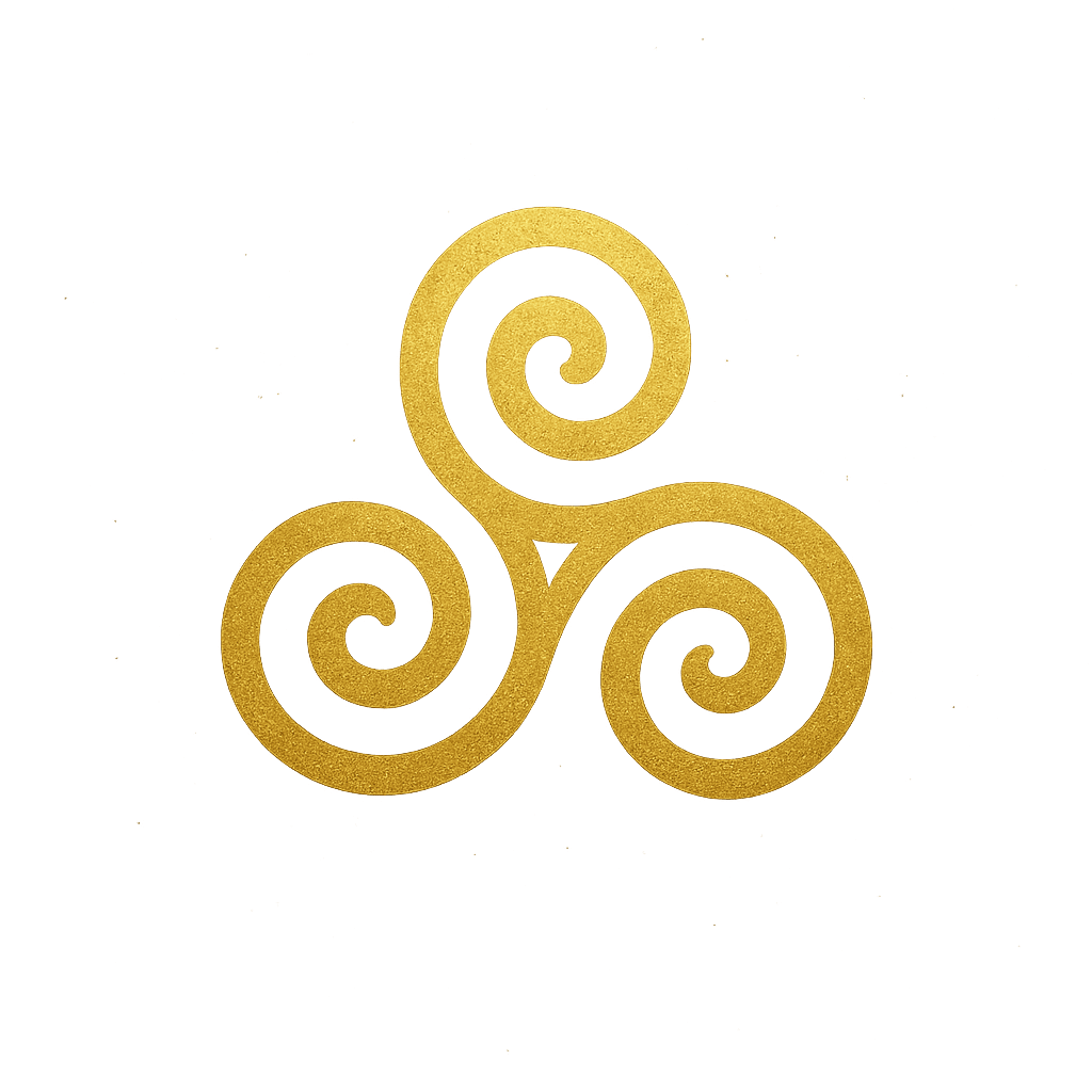 Golden Celtic triskelion with three spiraling arms, glowing with soft light on a dark background.