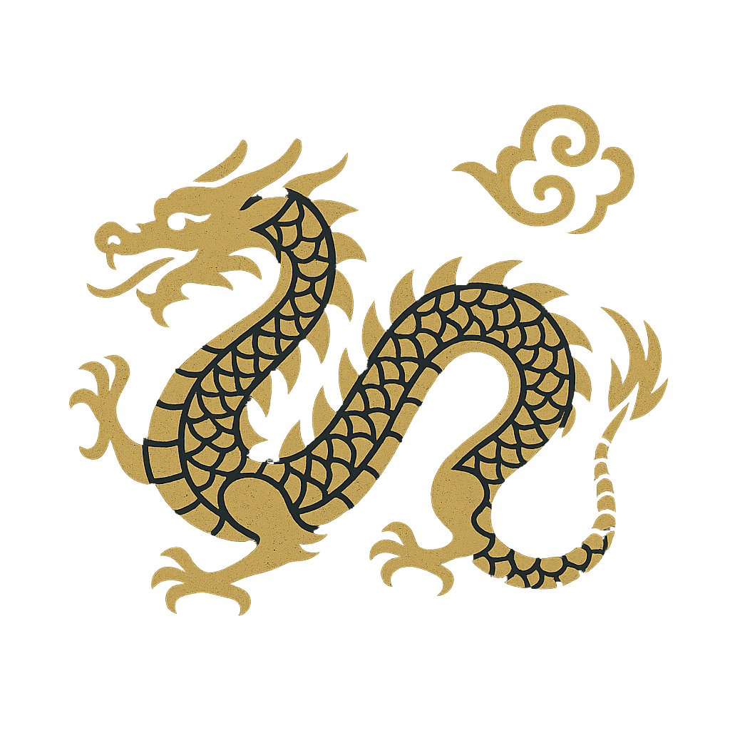 Golden Chinese dragon with a long, curved body and horns, coiled in the air and glowing on a dark background.