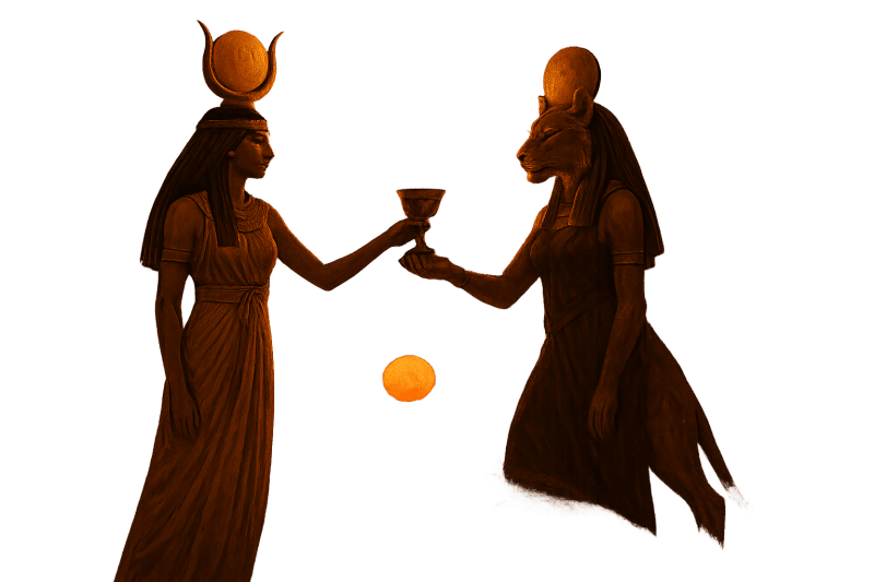 Hathor offering a cup of red wine to Sekhmet under a scarlet sky