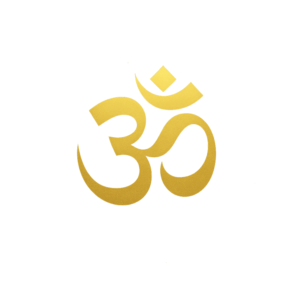 Golden Om symbol drawn in smooth curves, glowing gently on a dark background.