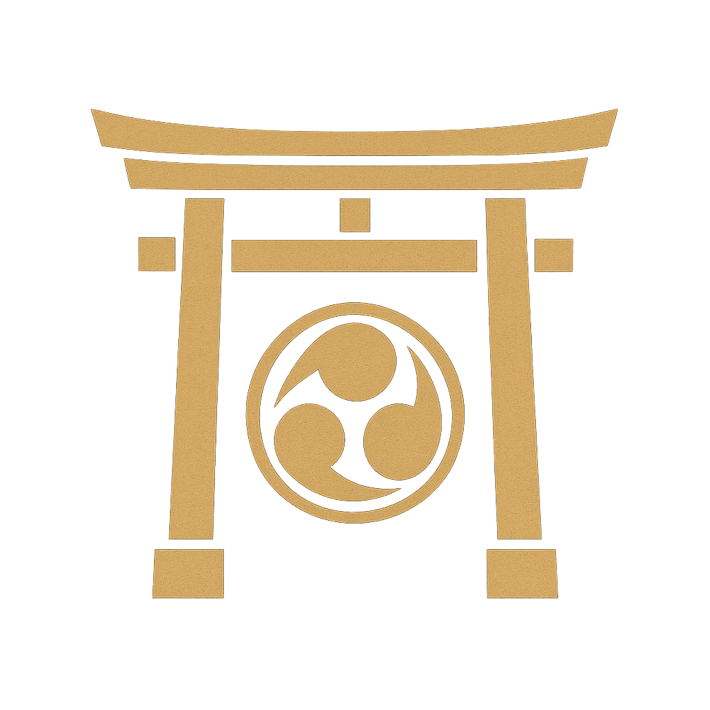 Golden Japanese torii gate with a swirling tomoe symbol beneath it, glowing softly on a dark background.