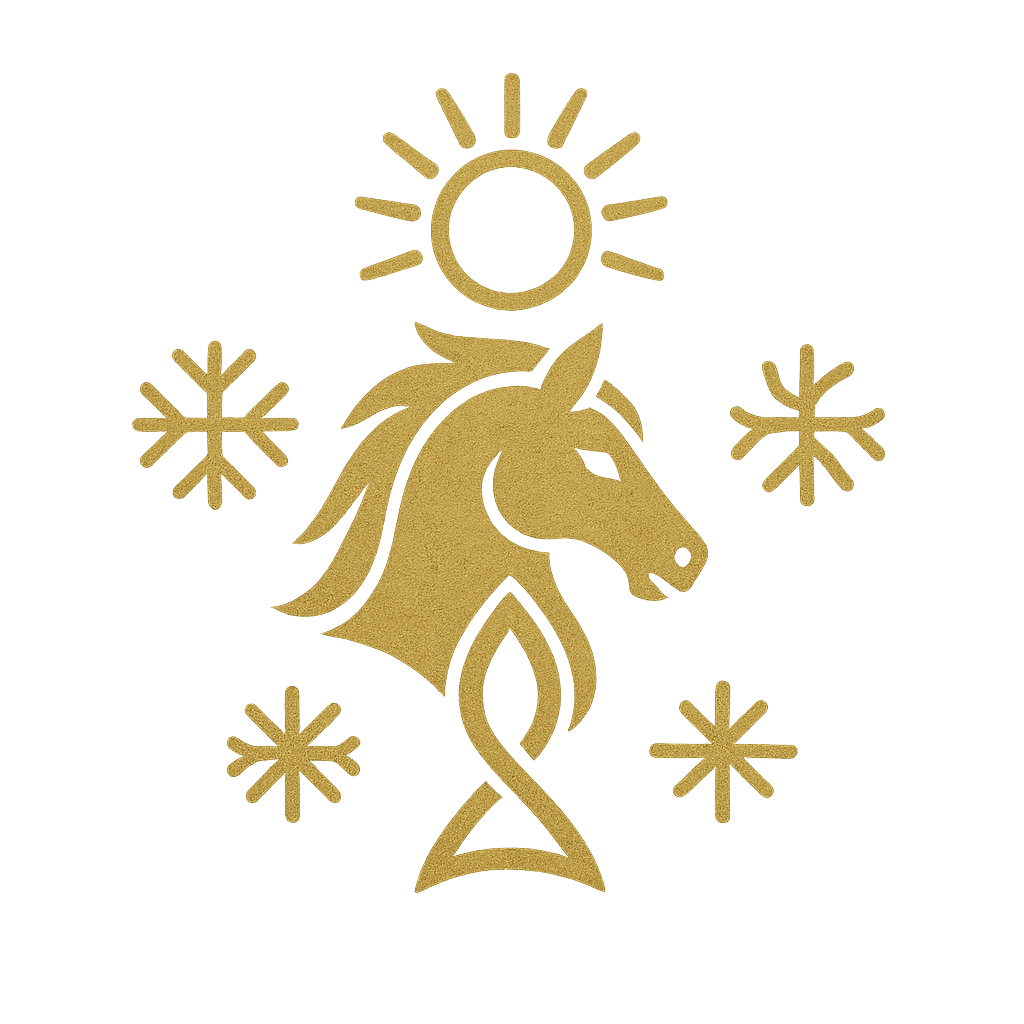 Golden stylized Slavic horse emblem, facing left with flowing mane, glowing softly on a dark background.